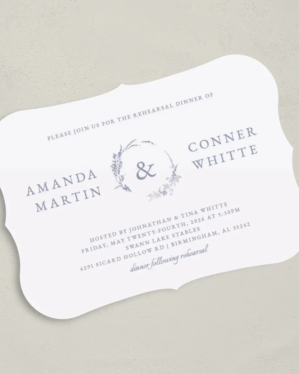 This is a 5" x 7" Rehearsal Dinner Invitation called Delicate Dinner printed in full color with Silver foil on Luxe Satin (coated) paper