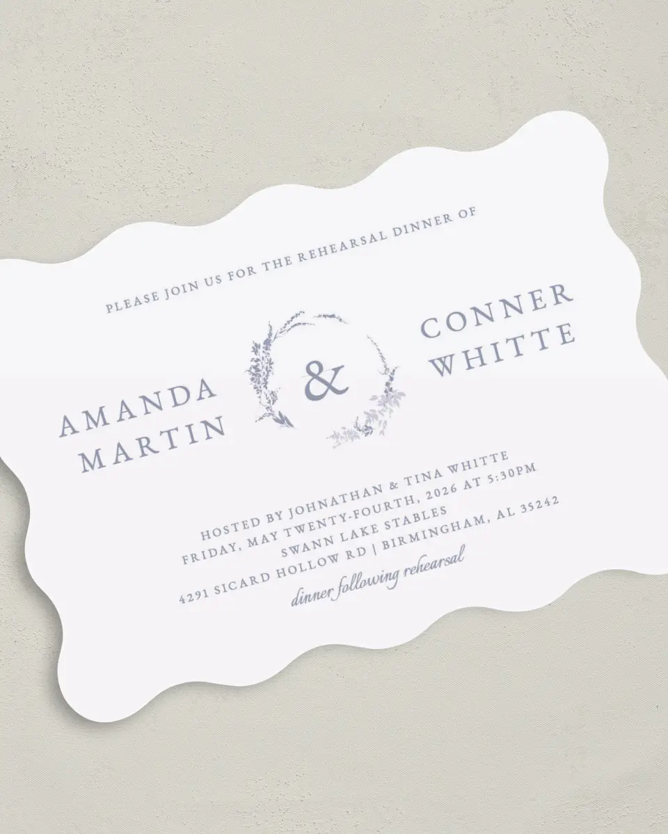 This is a 5" x 7" Rehearsal Dinner Invitation called Delicate Dinner printed in full color on Premium Smooth paper