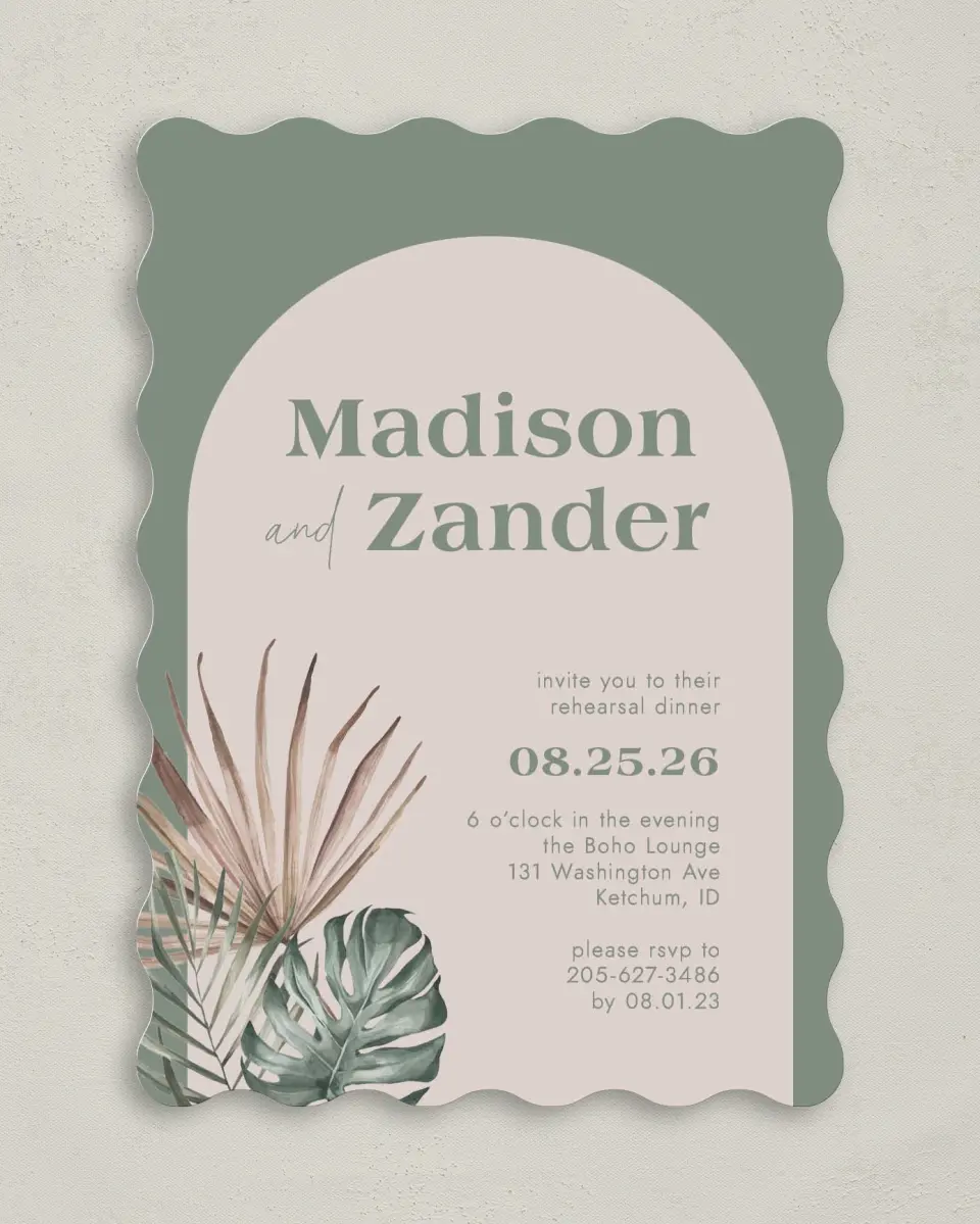 This is a 5" x 7" Rehearsal Dinner Invitation called Boho Rehearsal printed in full color on Premium Smooth paper