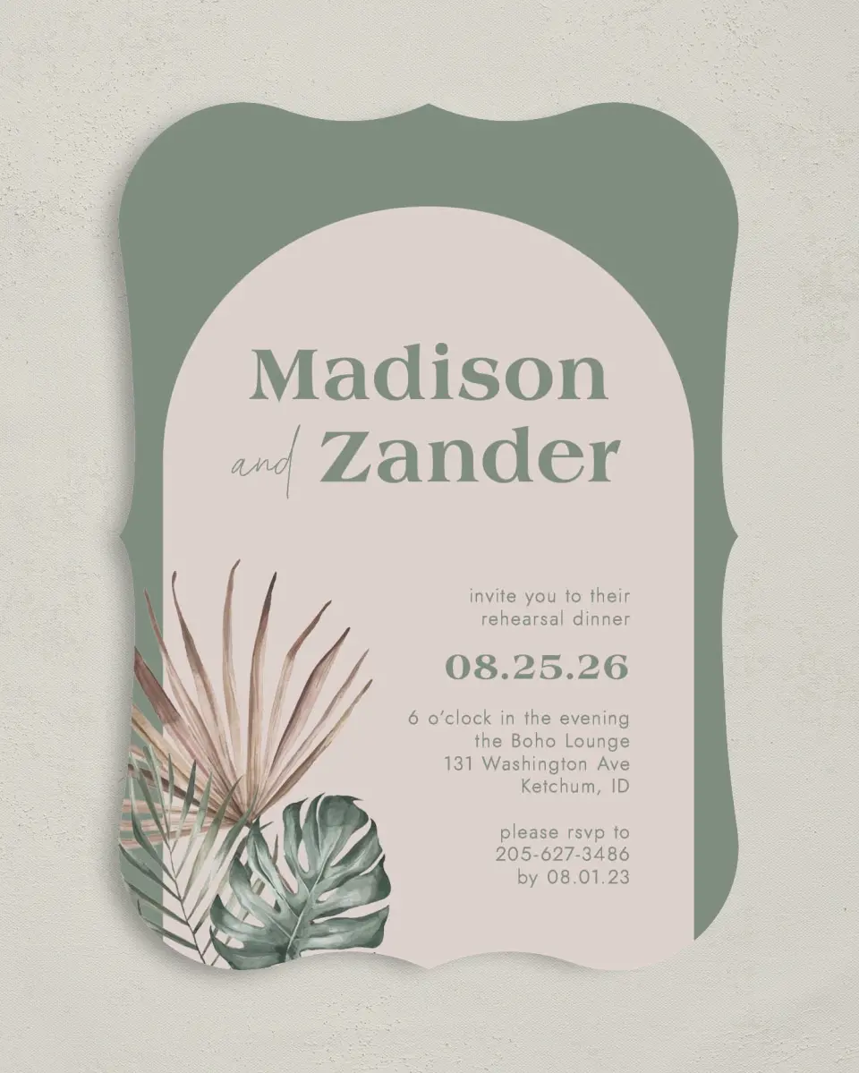 This is a 5" x 7" Rehearsal Dinner Invitation called Boho Rehearsal printed in full color on Premium Smooth paper