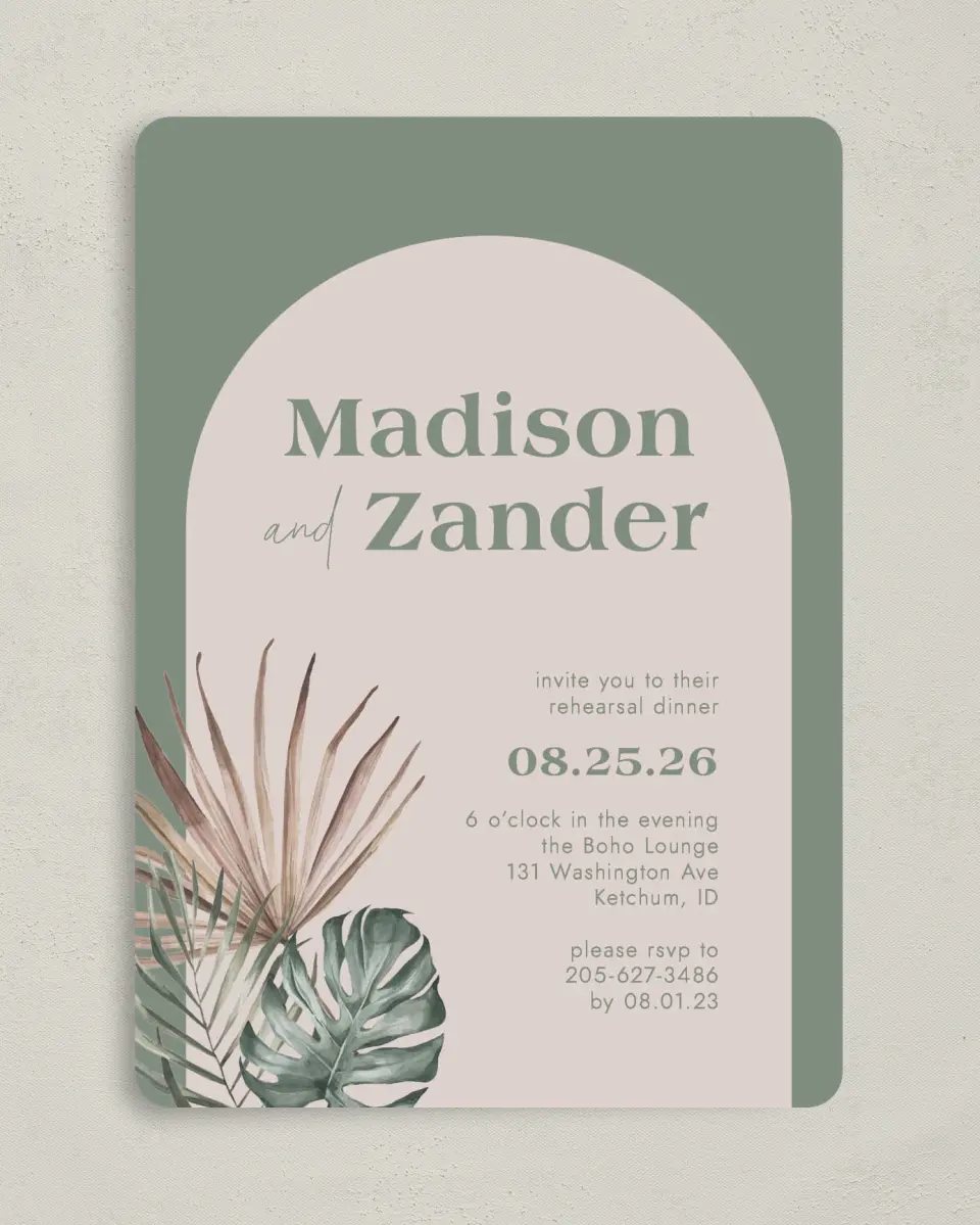 This is a 5" x 7" Rehearsal Dinner Invitation called Boho Rehearsal printed in full color on Premium Smooth paper