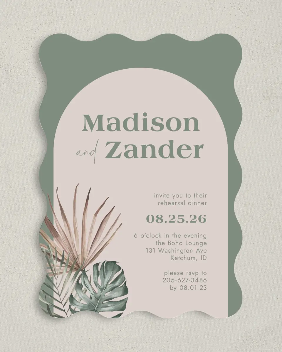 This is a 5" x 7" Rehearsal Dinner Invitation called Boho Rehearsal printed in full color on Premium Smooth paper