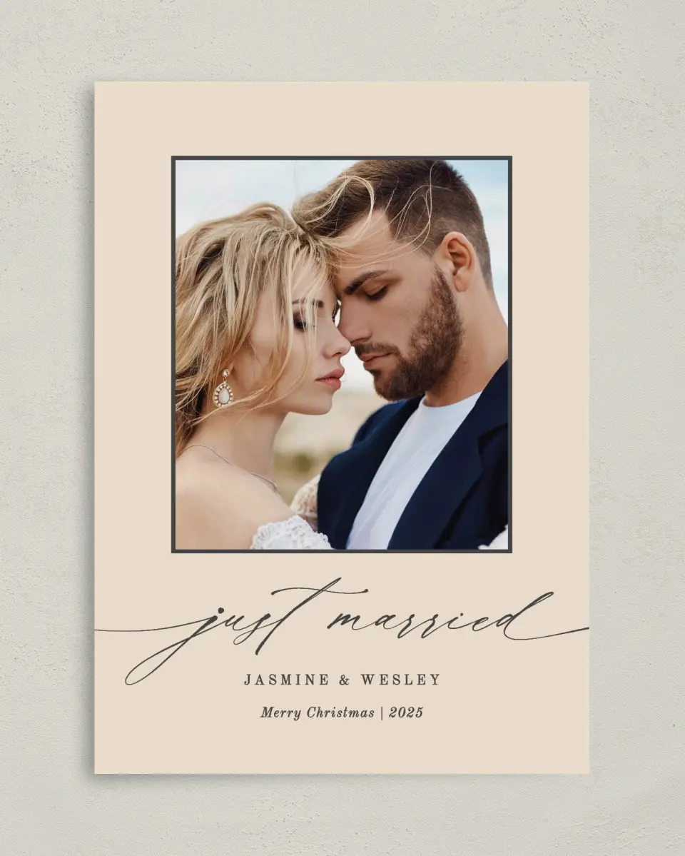This is a 5" x 7" Christmas Card called Just Married printed in full color on Premium Smooth paper