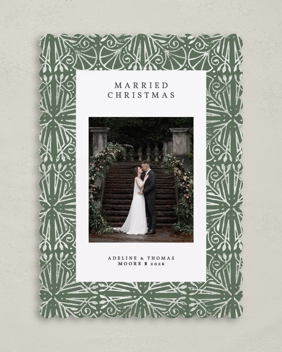 This is a 5" x 7" Christmas Card called Married Motif printed in full color on Premium Smooth paper on Premium Smooth paper on Premium Smooth paper