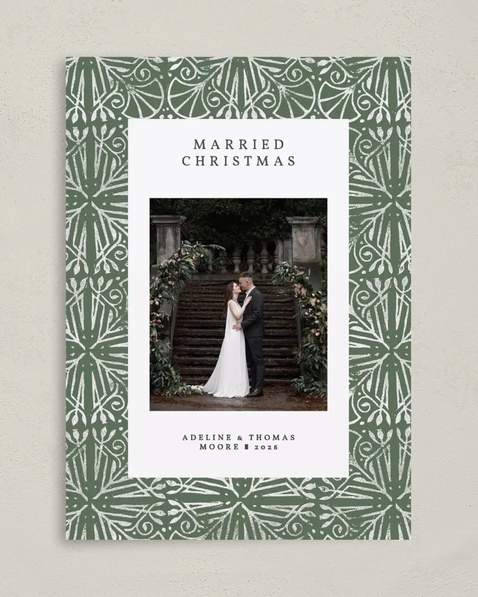 This is a 5" x 7" Christmas Card called Married Motif printed in full color on Premium Smooth paper