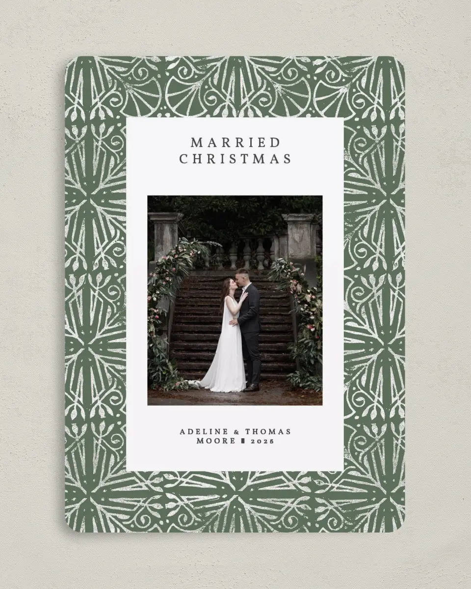 This is a 5" x 7" Christmas Card called Married Motif printed in full color on Premium Smooth paper