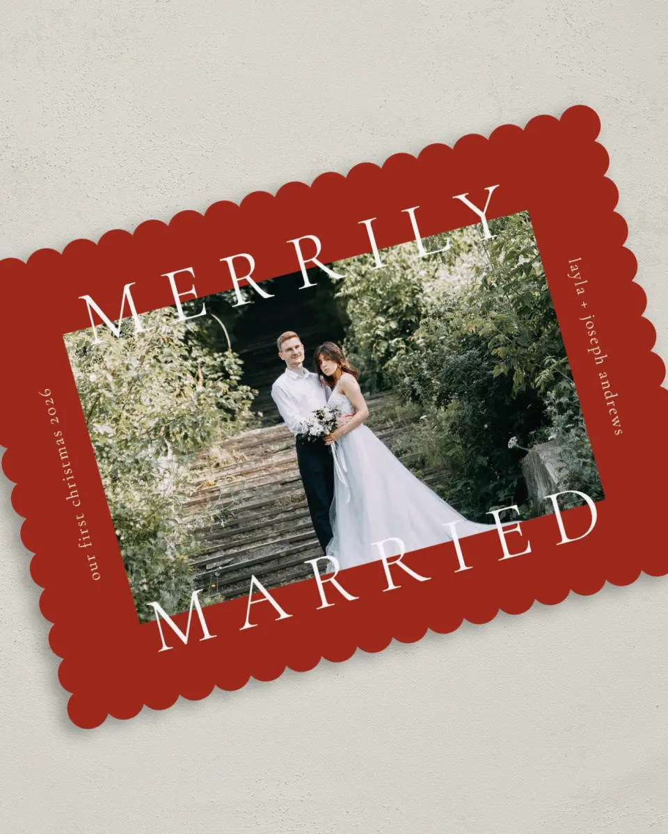 This is a 5" x 7" Christmas Card called Merrily Framed printed in full color on Premium Smooth paper on Premium Smooth paper on Premium Smooth paper
