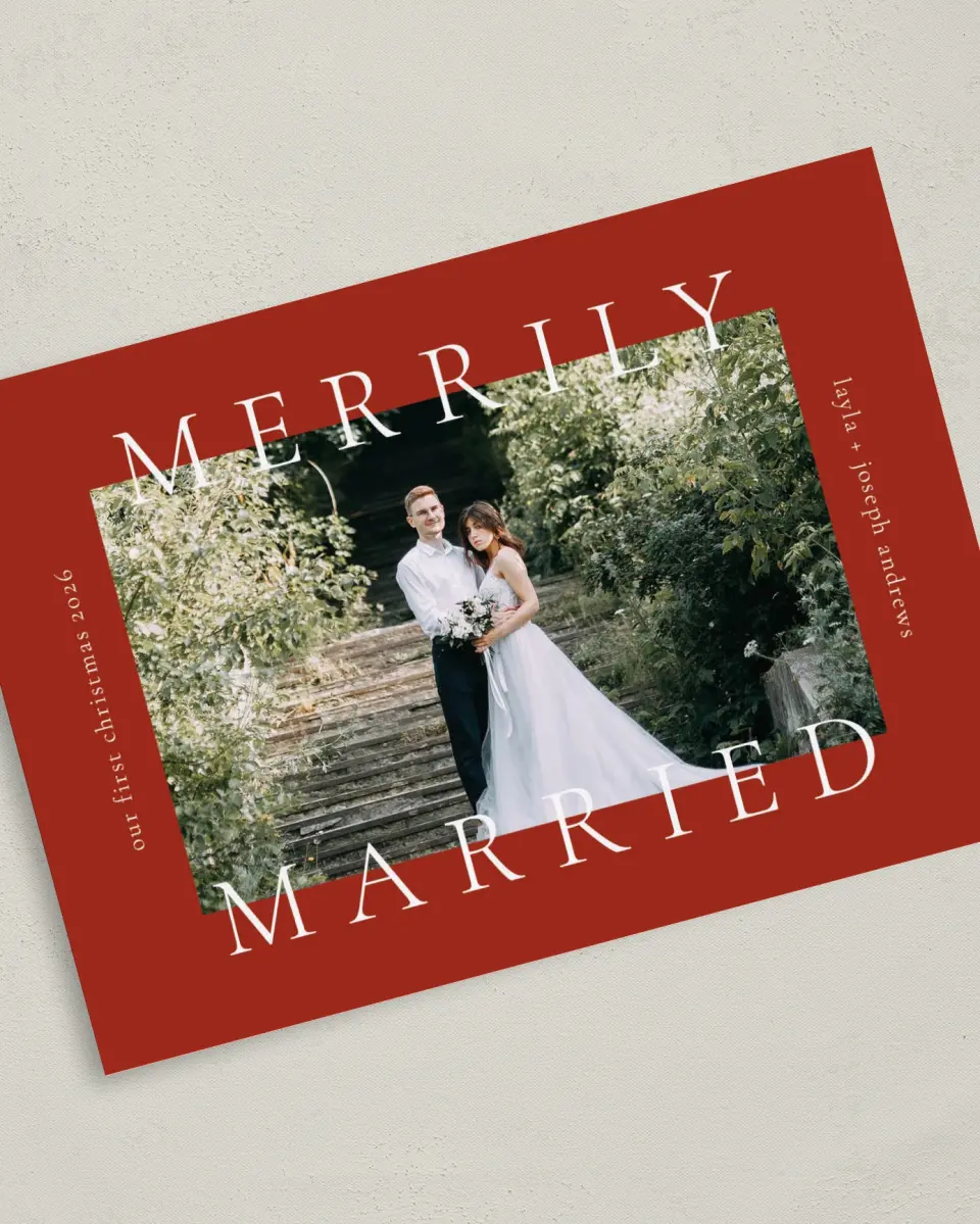 This is a 5" x 7" Christmas Card called Merrily Framed printed in full color with Gold foil on Soft Suede (coated) paper