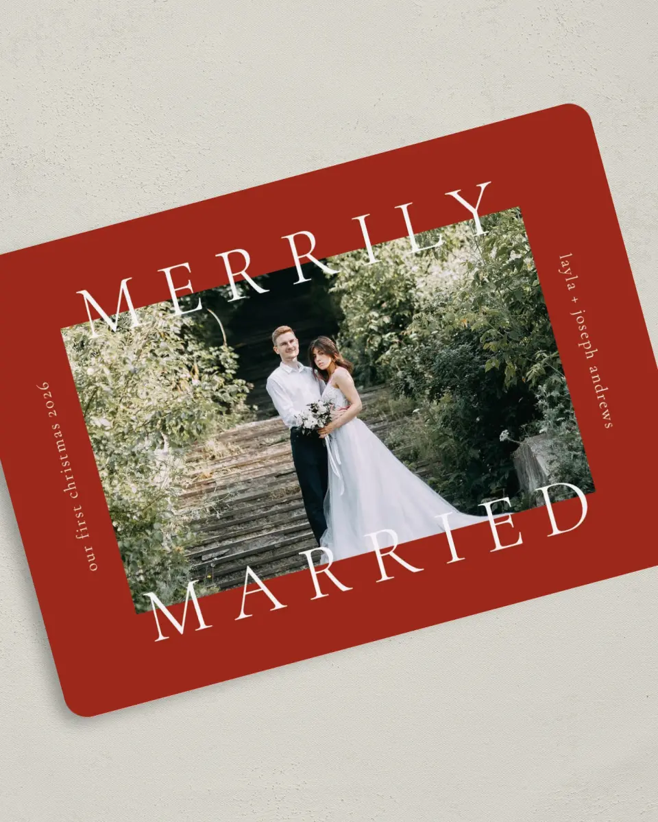 This is a 5" x 7" Christmas Card called Merrily Framed printed in full color on Premium Smooth paper