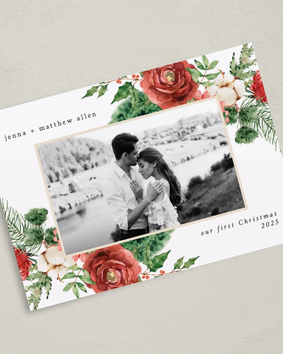 This is a 5" x 7" Christmas Card called Christmas Roses printed in full color with Gold foil on Soft Suede (coated) paper