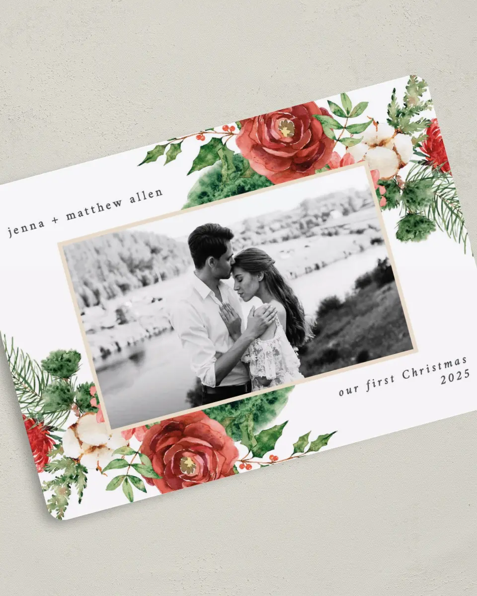 This is a 5" x 7" Christmas Card called Christmas Roses printed in full color with Rose Gold foil on Soft Suede (coated) paper
