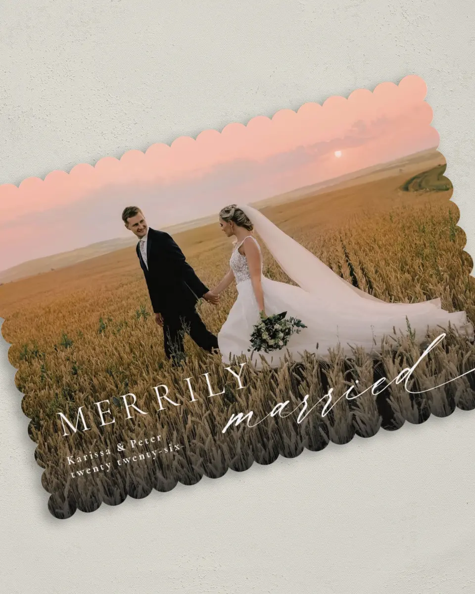 This is a 5" x 7" Christmas Card called Married Script printed in full color on Premium Smooth paper on Premium Smooth paper on Premium Smooth paper