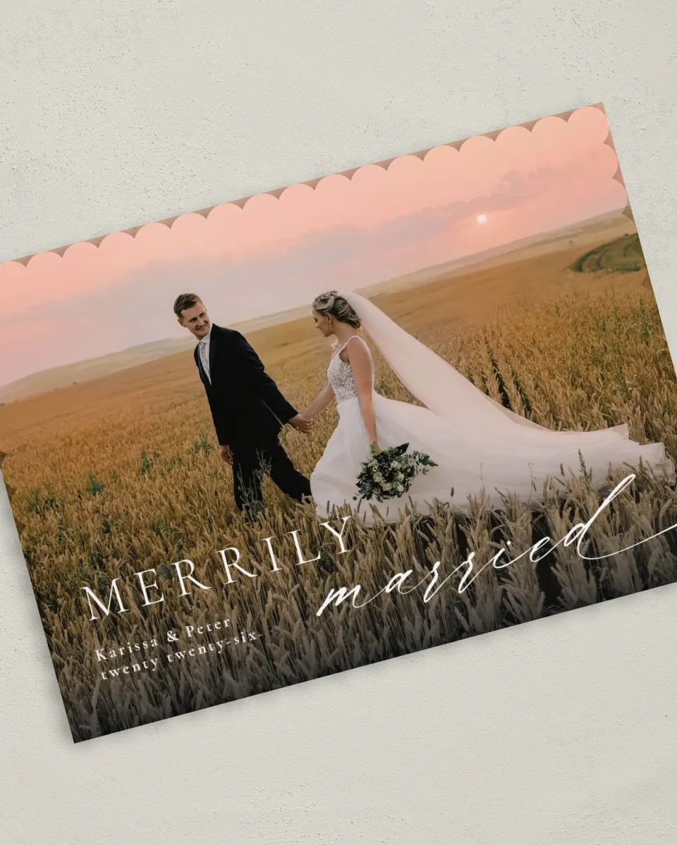 This is a 5" x 7" Christmas Card called Married Script printed in full color on Premium Smooth paper on Premium Smooth paper on Premium Smooth paper