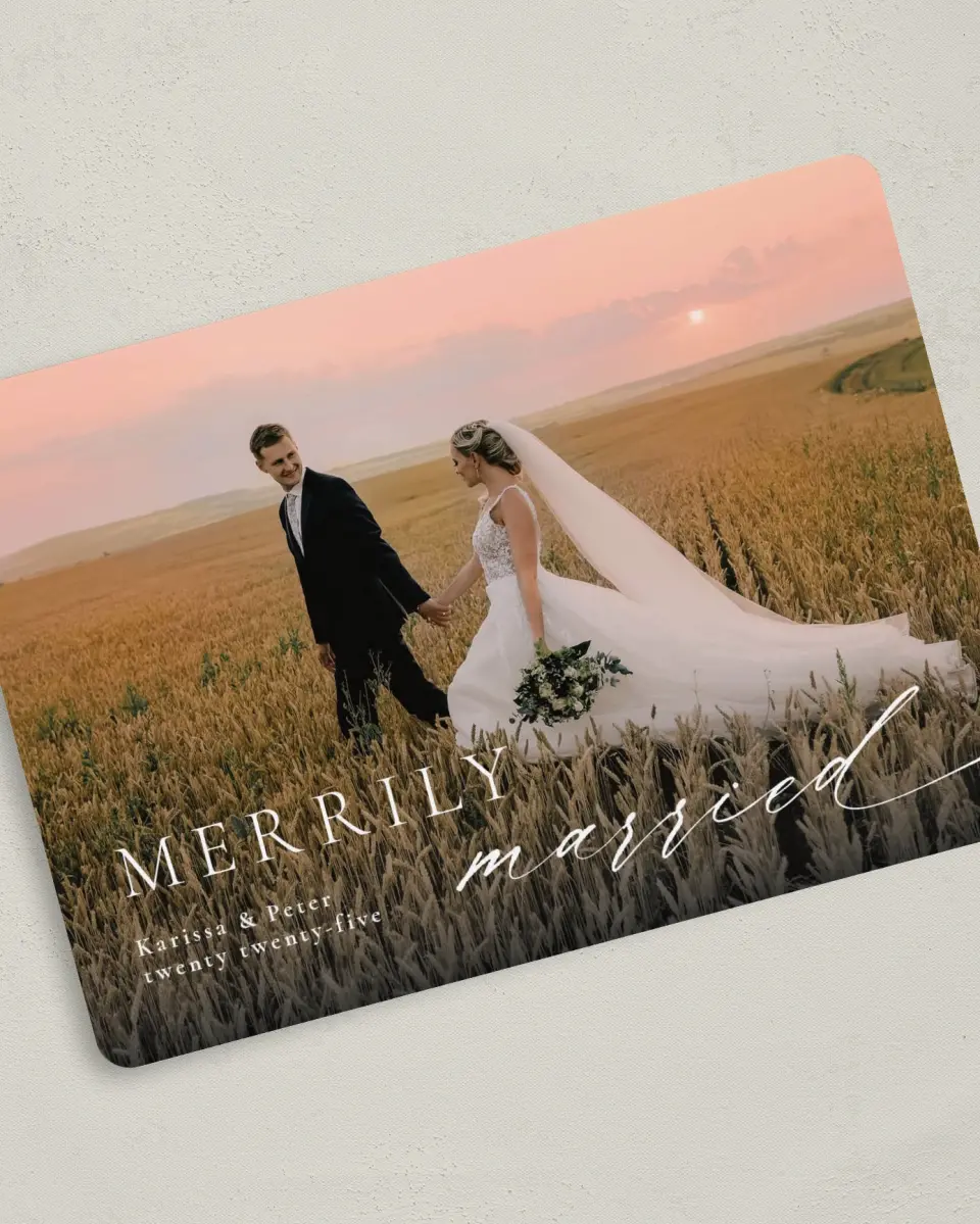 This is a 5" x 7" Christmas Card called Married Script printed in full color with Gold foil on Soft Suede (coated) paper