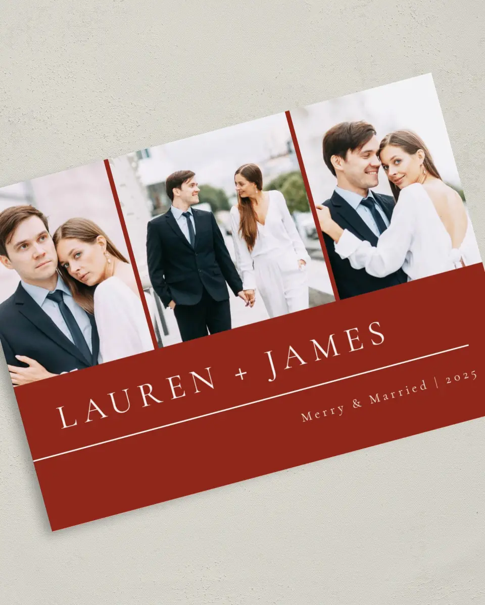 This is a 5" x 7" Christmas Card called Expanded Names printed in full color with Gold foil on Soft Suede (coated) paper