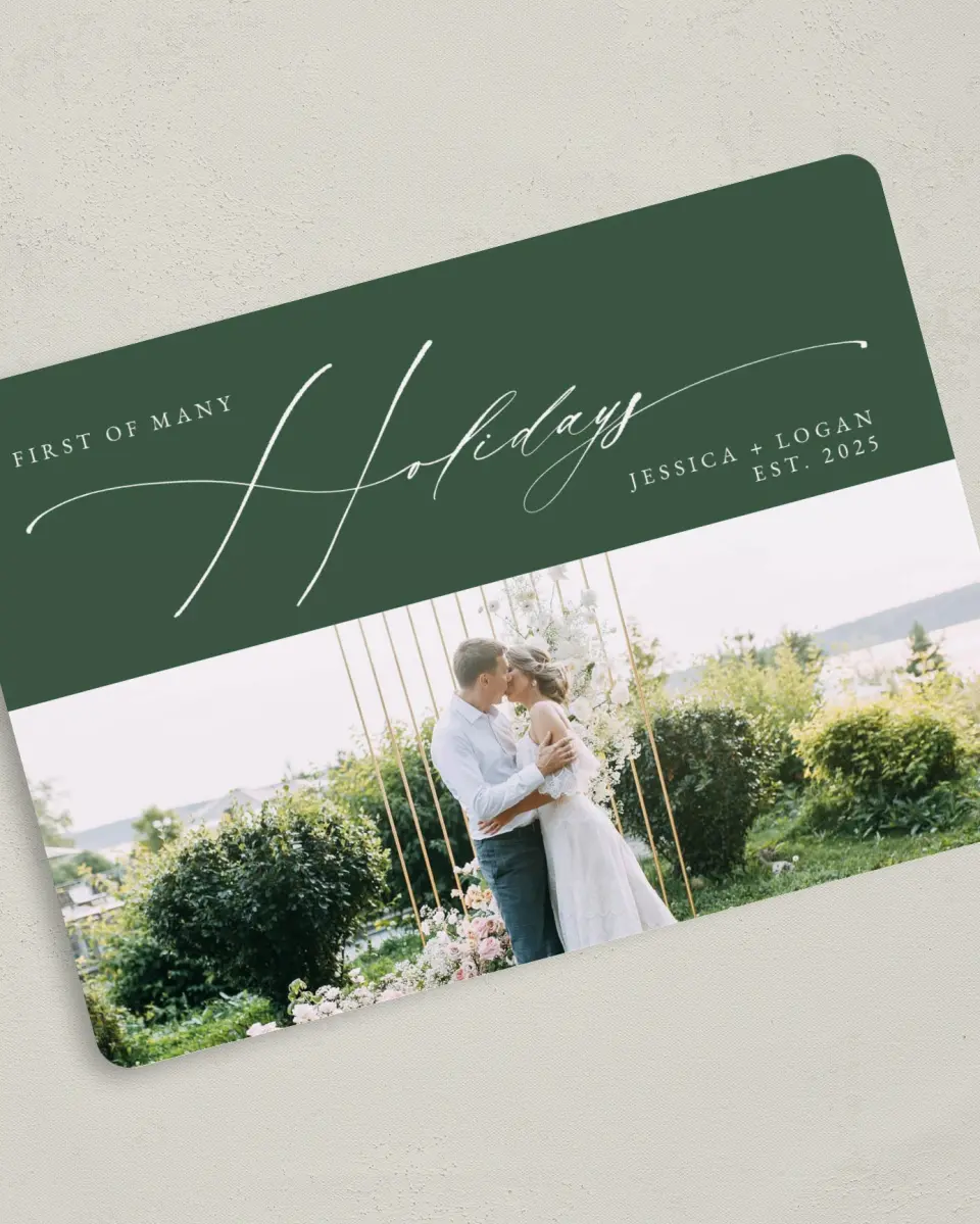 This is a 5" x 7" Christmas Card called Scripted Holidays printed in full color on Premium Smooth paper