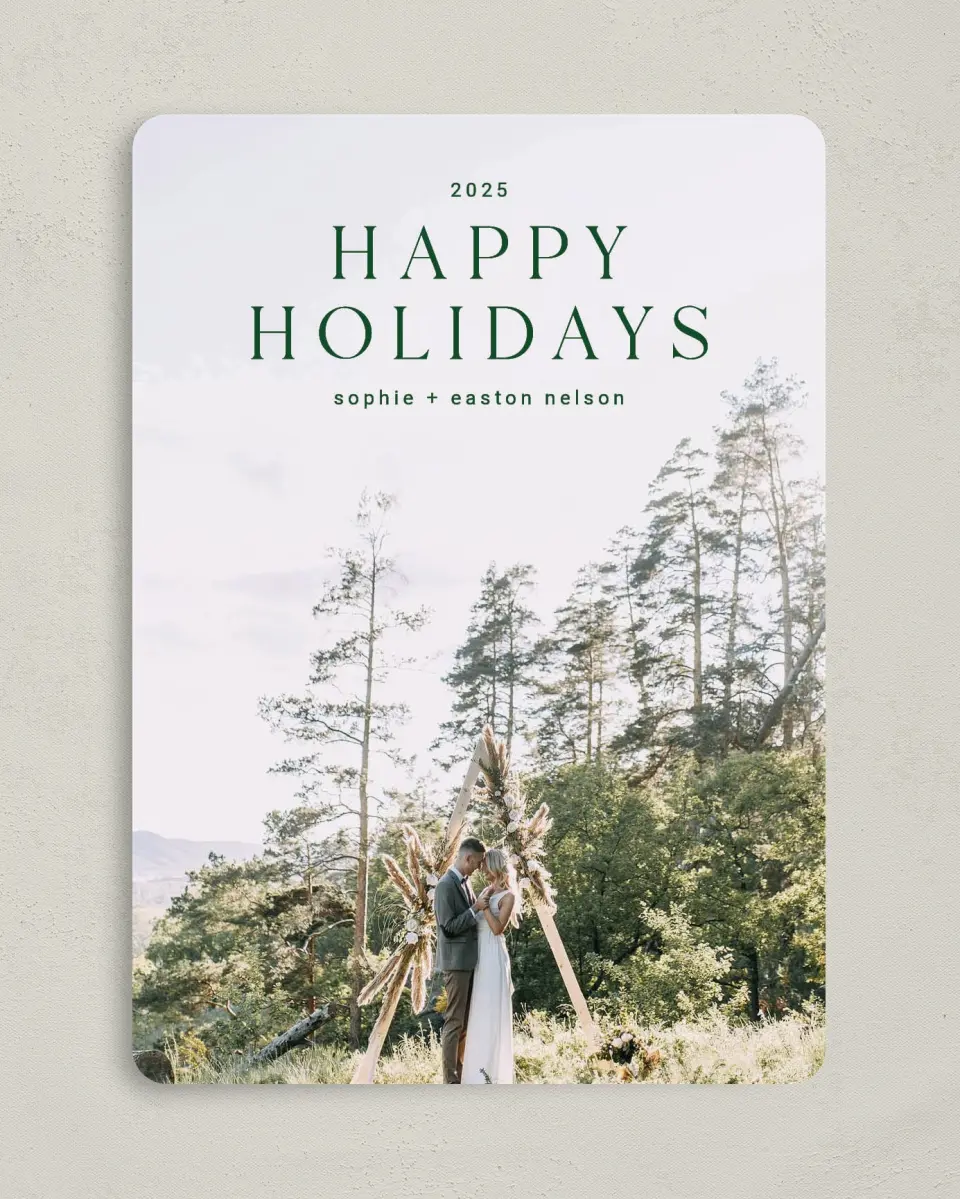 This is a 5" x 7" Christmas Card called Spacious Holidays printed in full color with Gold foil on Soft Suede (coated) paper
