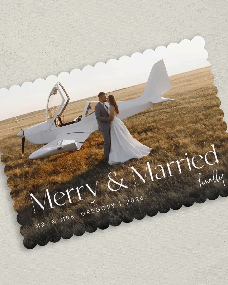 This is a 5" x 7" Christmas Card called Finally Married printed in full color on Premium Smooth paper on Premium Smooth paper on Premium Smooth paper