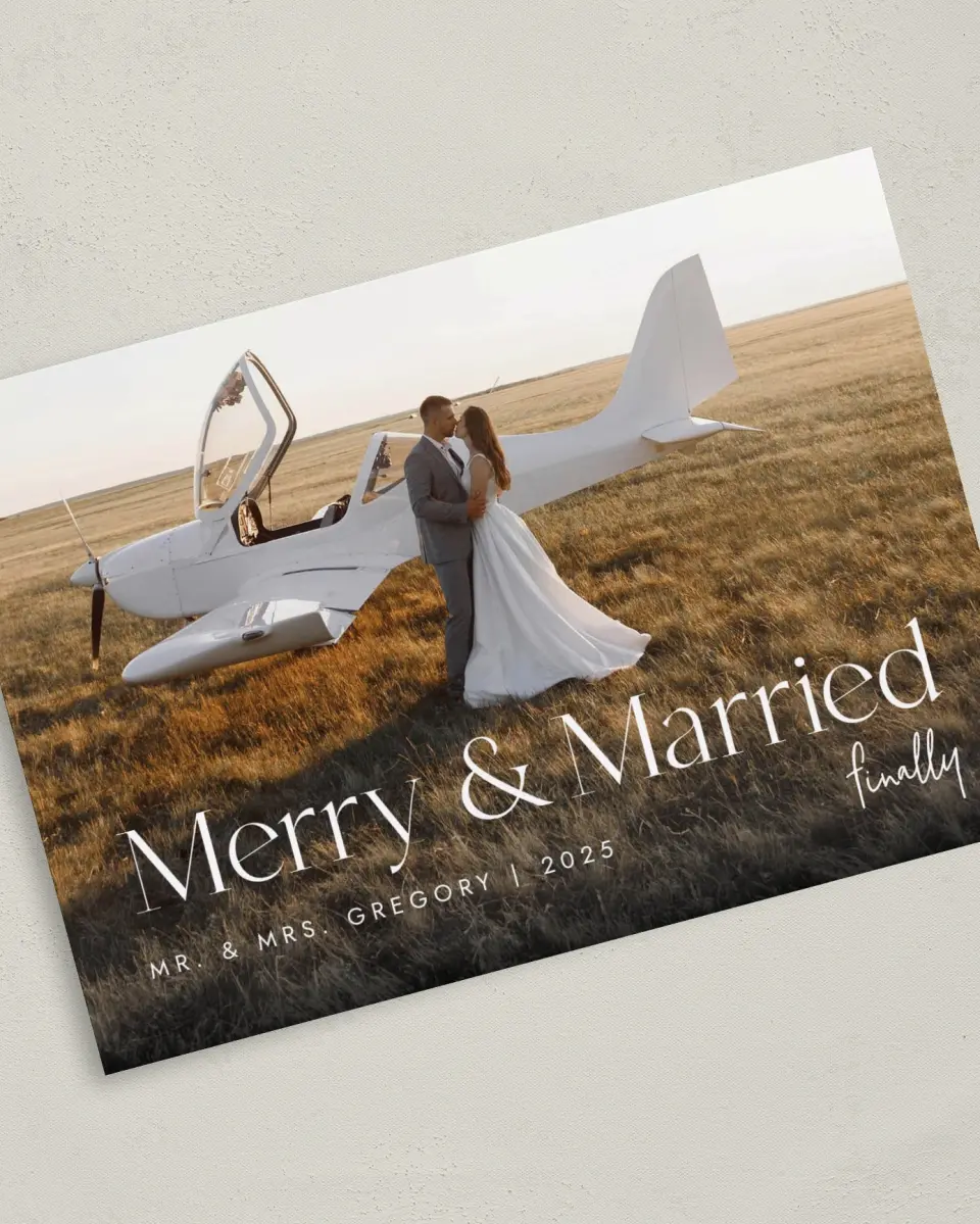 This is a 5" x 7" Christmas Card called Finally Married printed in full color on Premium Smooth paper