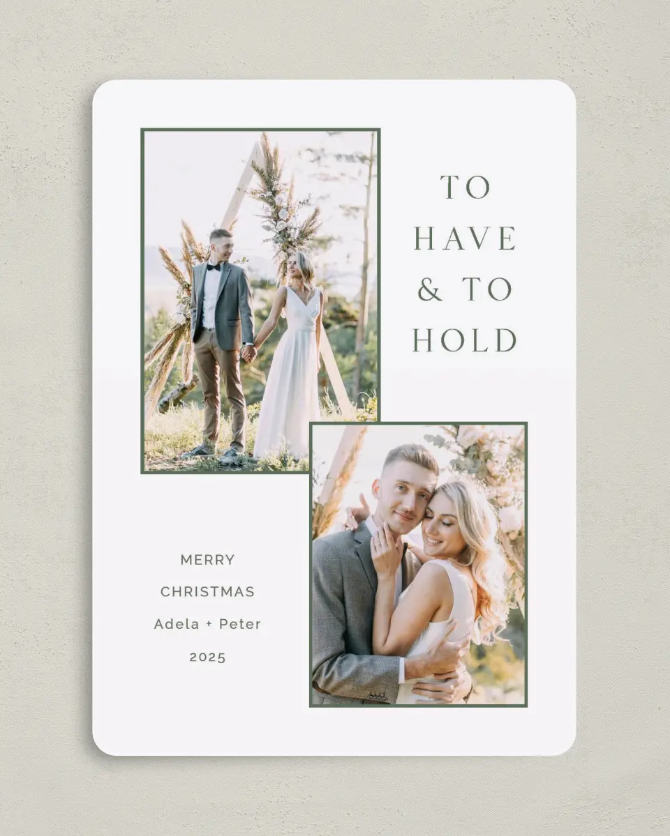This is a 5" x 7" Christmas Card called Holding Christmas printed in full color with Gold foil on Soft Suede (coated) paper
