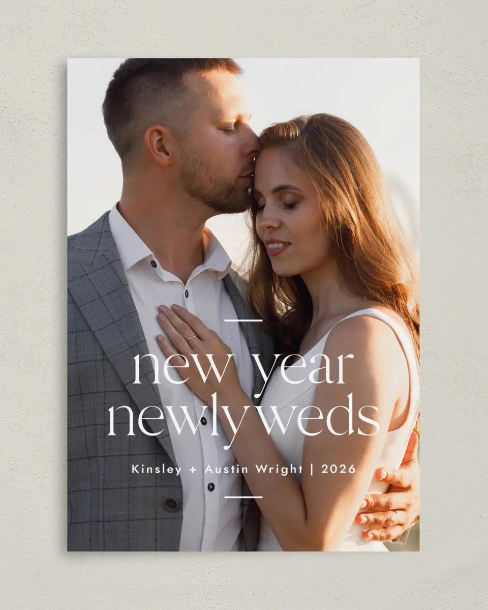 This is a 5" x 7" Christmas Card called Newlywed Year printed in full color with Gold foil on Soft Suede (coated) paper