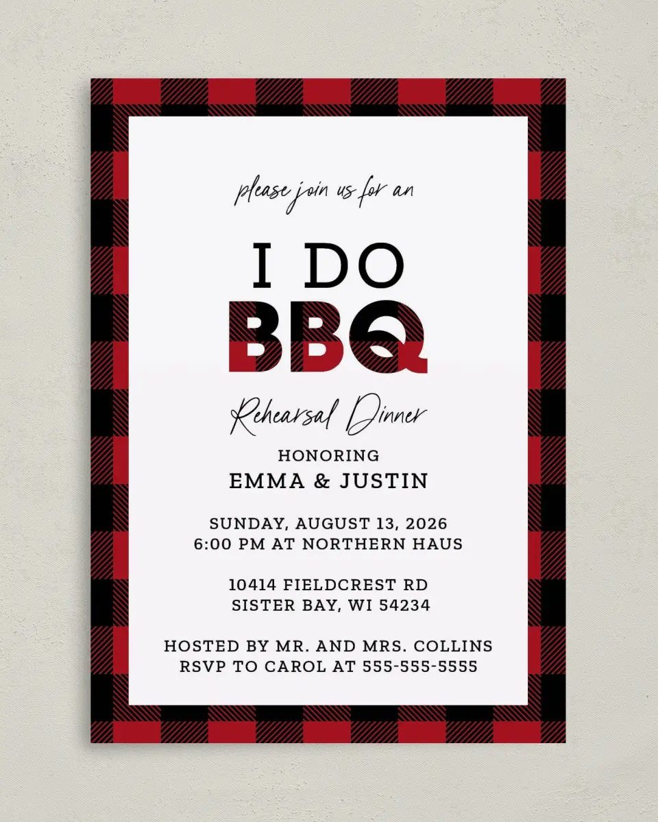 This is a 5" x 7" Rehearsal Dinner Invitation called I Do BBQ printed in full color on Premium Smooth paper