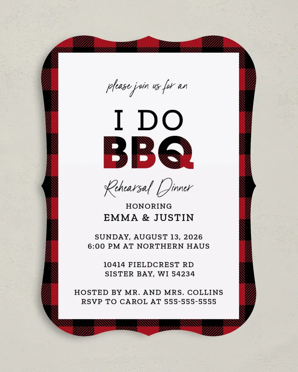 This is a 5" x 7" Rehearsal Dinner Invitation called I Do BBQ printed in full color on Premium Smooth paper