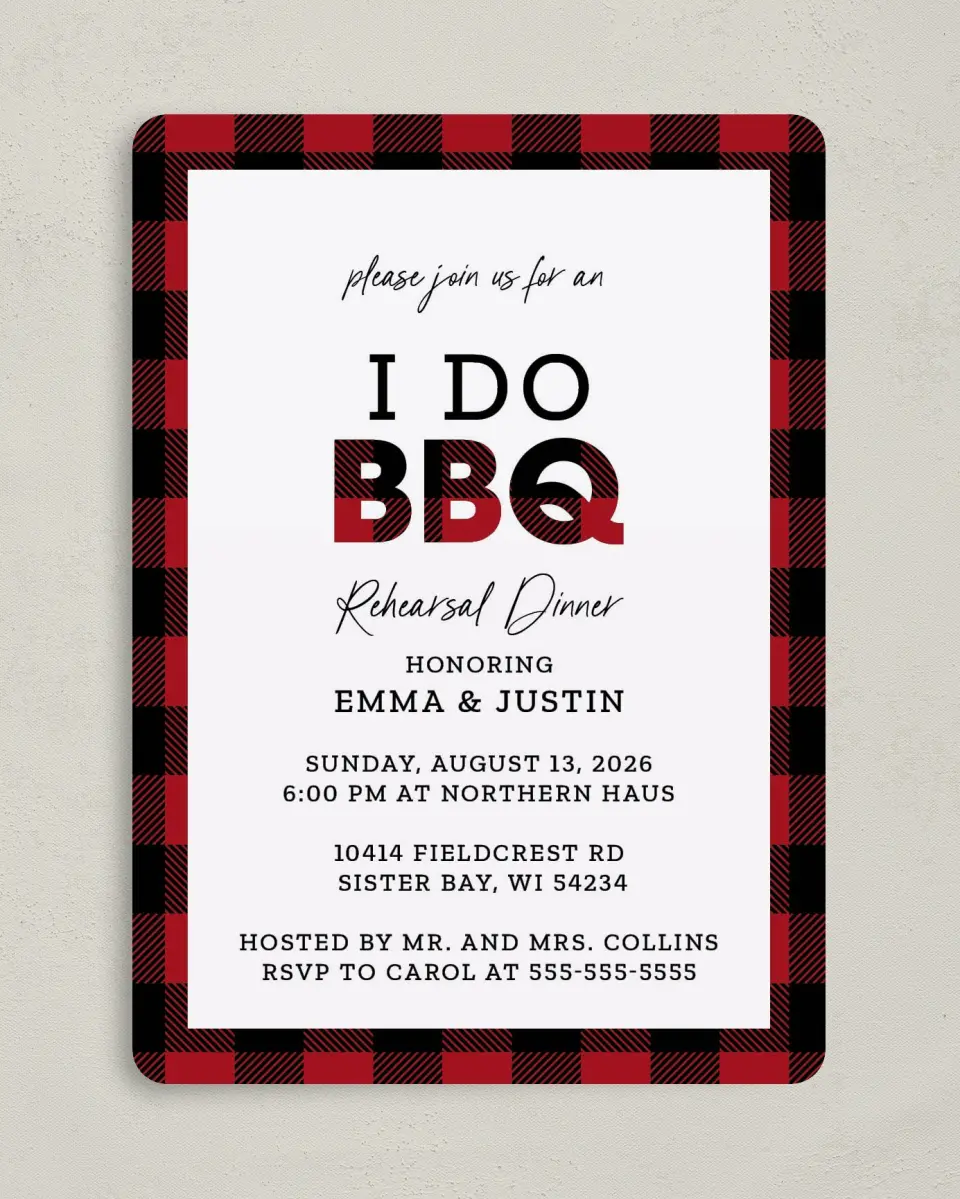 This is a 5" x 7" Rehearsal Dinner Invitation called I Do BBQ printed in full color on Premium Smooth paper