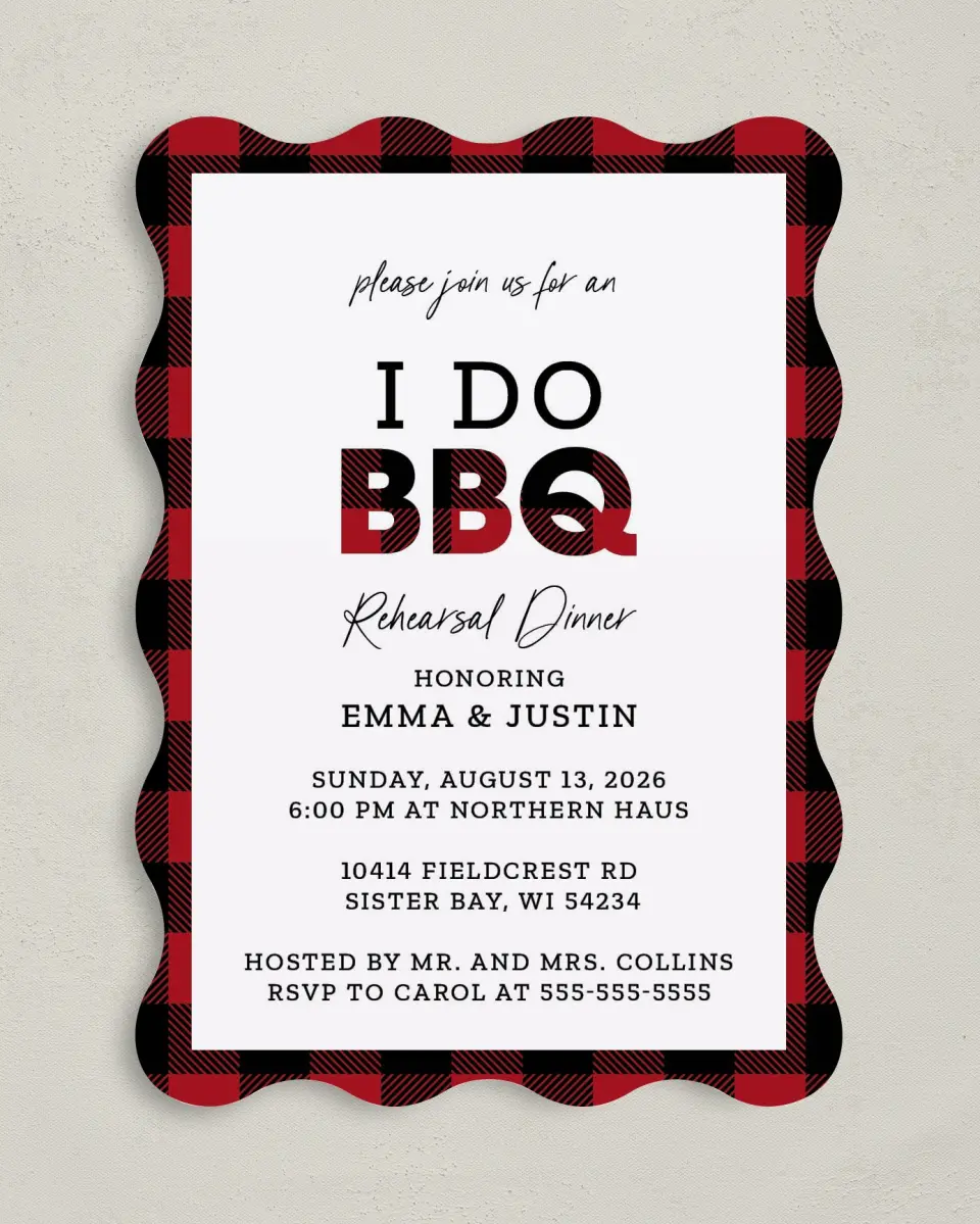 This is a 5" x 7" Rehearsal Dinner Invitation called I Do BBQ printed in full color on Premium Smooth paper