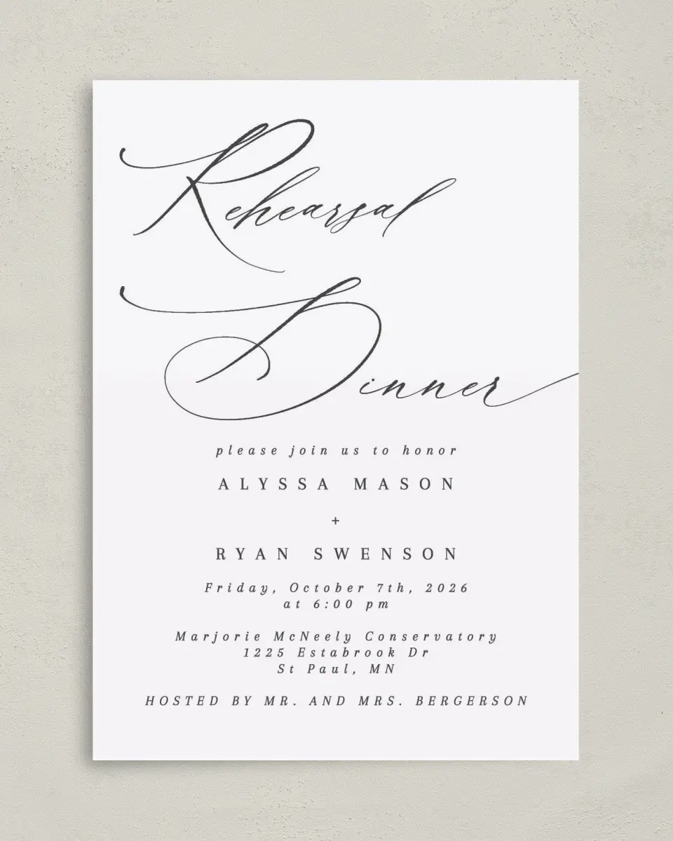 This is a 5" x 7" Rehearsal Dinner Invitation called Simple Drama printed in full color on Premium Smooth paper