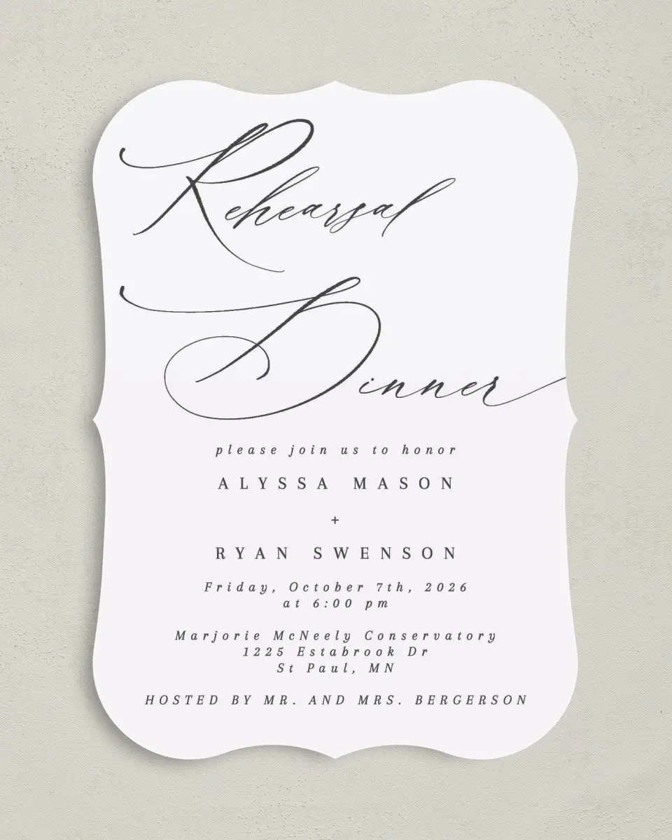 This is a 5" x 7" Rehearsal Dinner Invitation called Simple Drama printed in full color on Premium Smooth paper