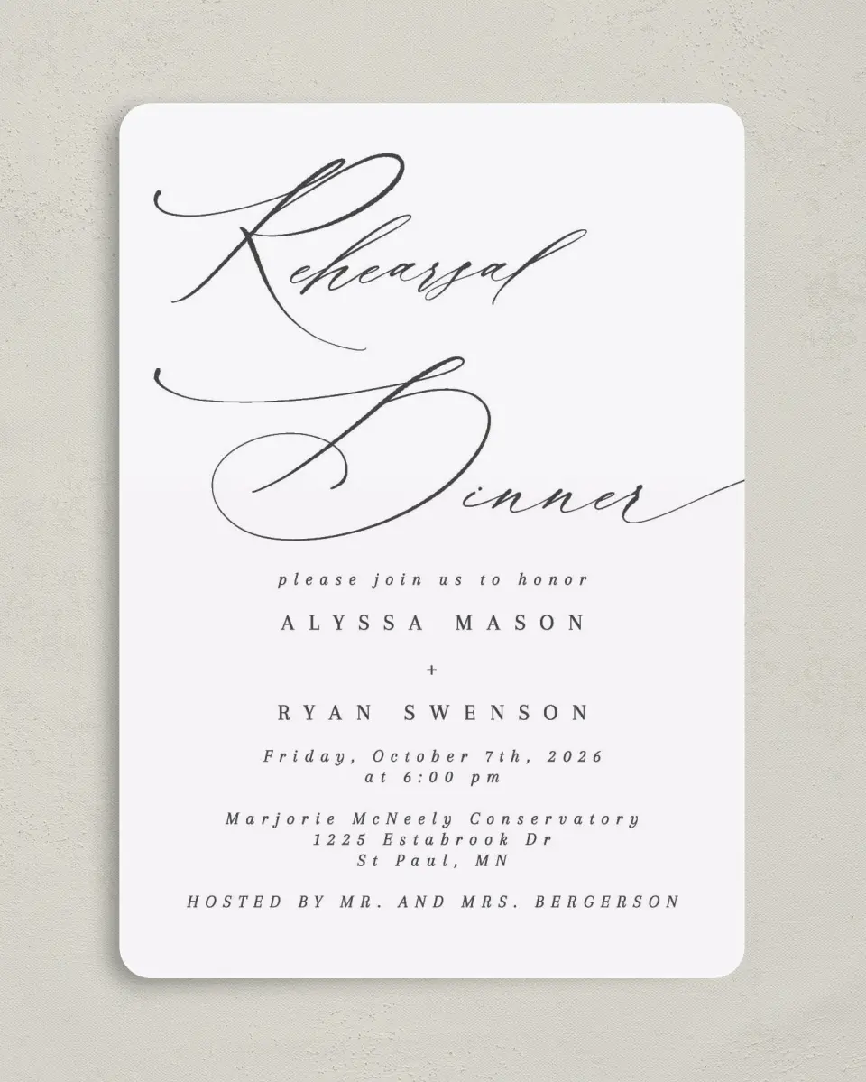 This is a 5" x 7" Rehearsal Dinner Invitation called Simple Drama printed in full color on Premium Smooth paper