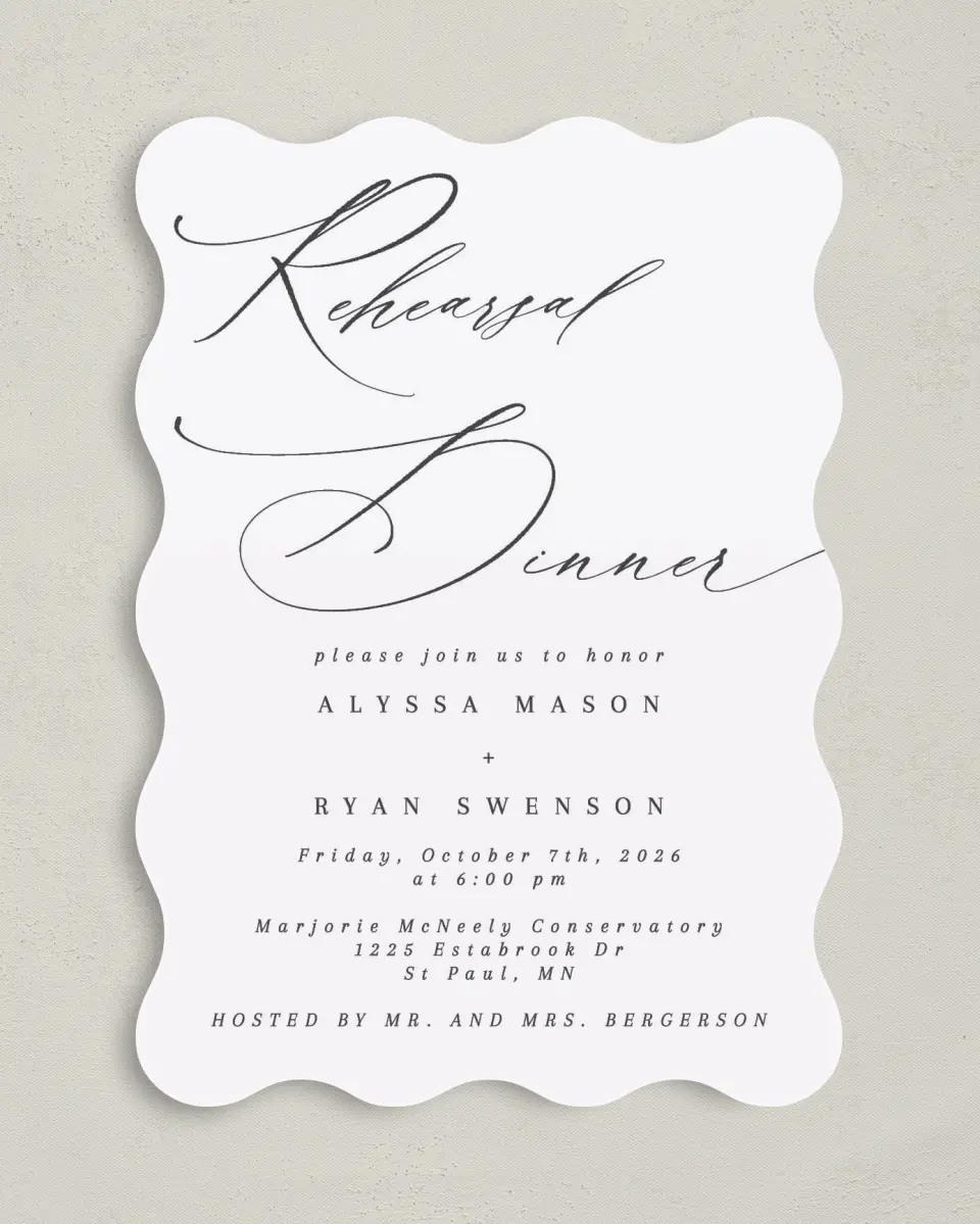 This is a 5" x 7" Rehearsal Dinner Invitation called Simple Drama printed in full color on Premium Smooth paper