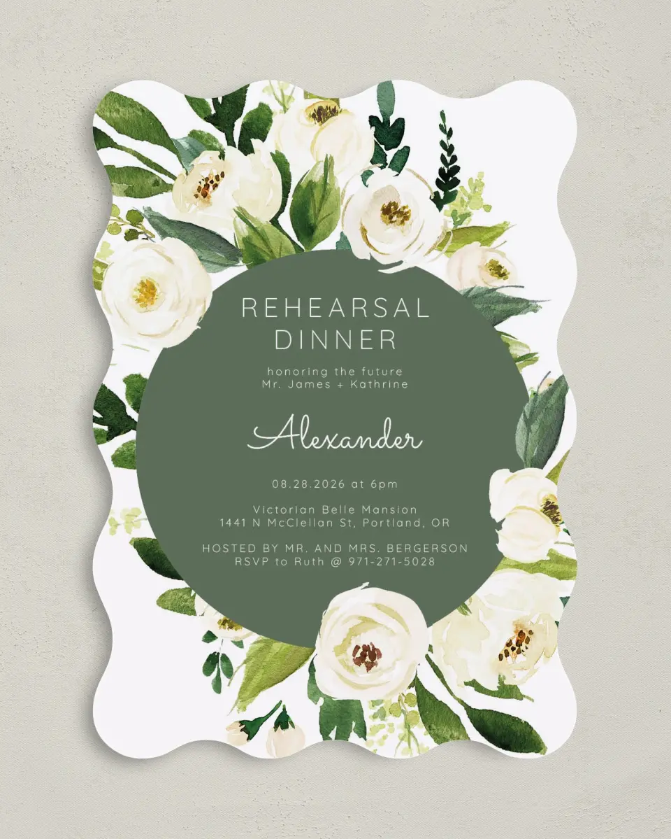 This is a 5" x 7" Rehearsal Dinner Invitation called Wedding Florals printed in full color on Premium Smooth paper