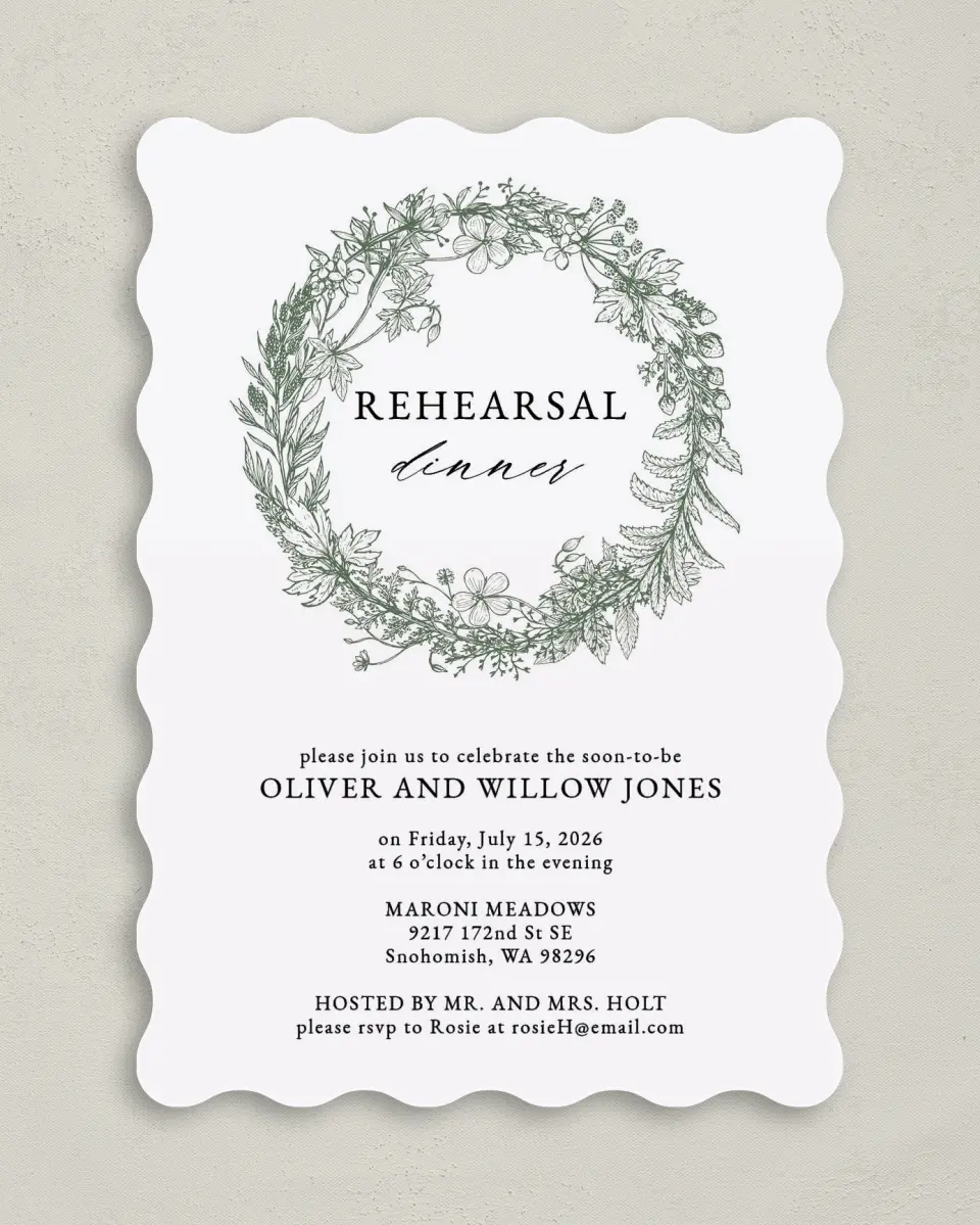 This is a 5" x 7" Rehearsal Dinner Invitation called Budding Wreath printed in full color on Premium Smooth paper