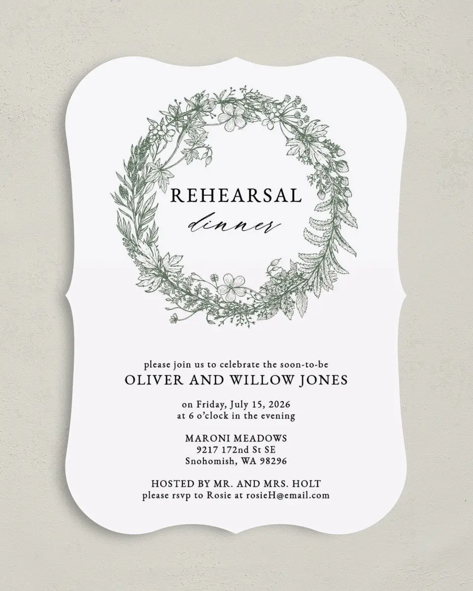 This is a 5" x 7" Rehearsal Dinner Invitation called Budding Wreath printed in full color on Premium Smooth paper