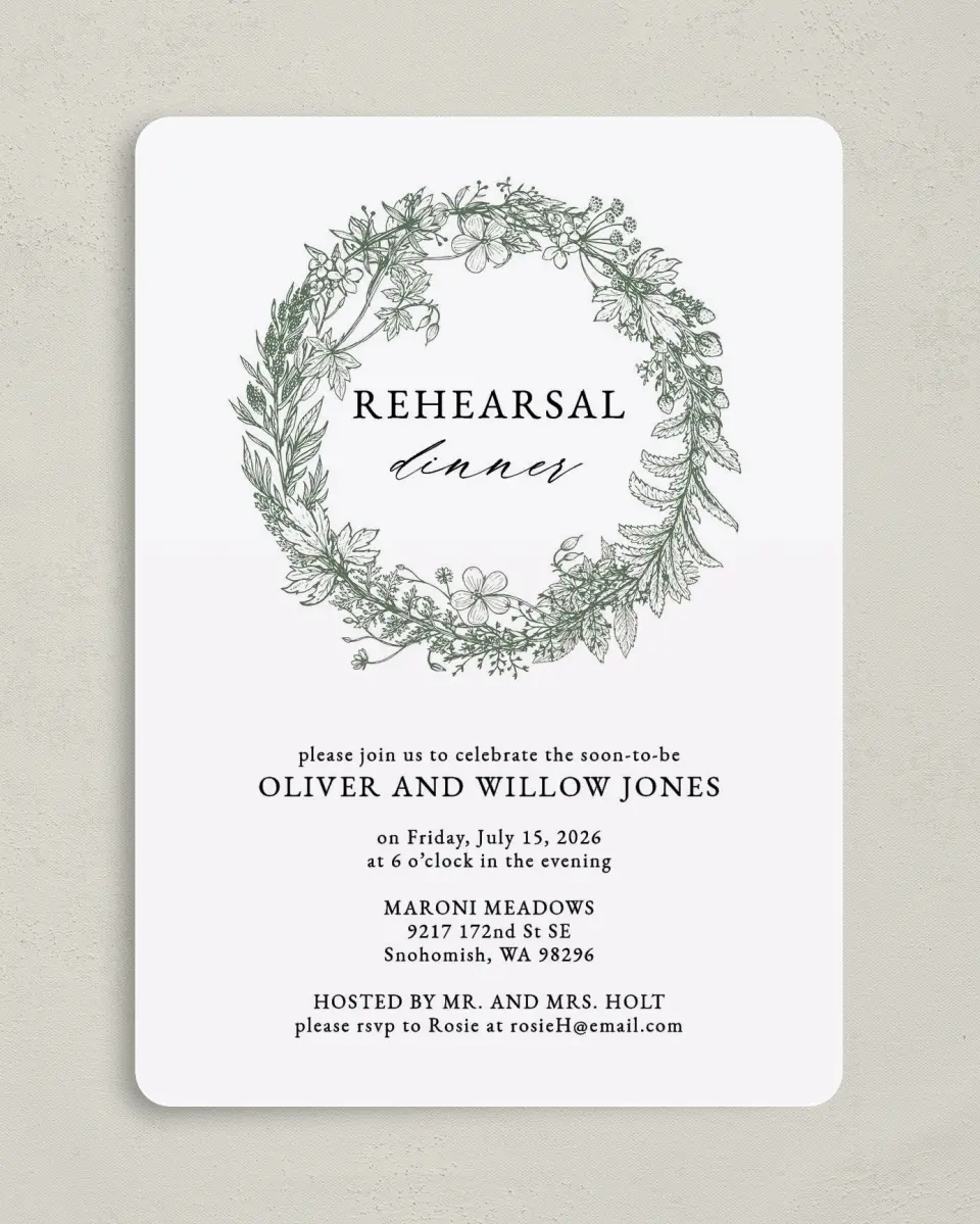 This is a 5" x 7" Rehearsal Dinner Invitation called Budding Wreath printed in full color on Premium Smooth paper
