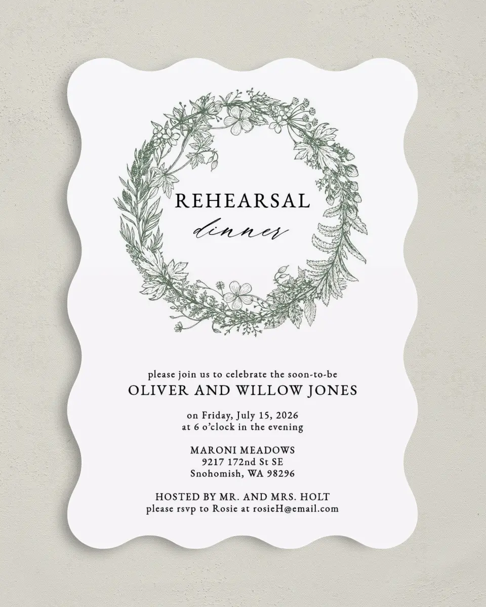 This is a 5" x 7" Rehearsal Dinner Invitation called Budding Wreath printed in full color on Premium Smooth paper