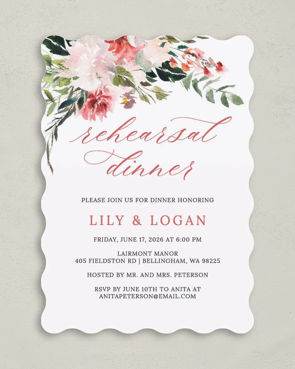 This is a 5" x 7" Rehearsal Dinner Invitation called Blooming Dinner printed in full color on Premium Smooth paper