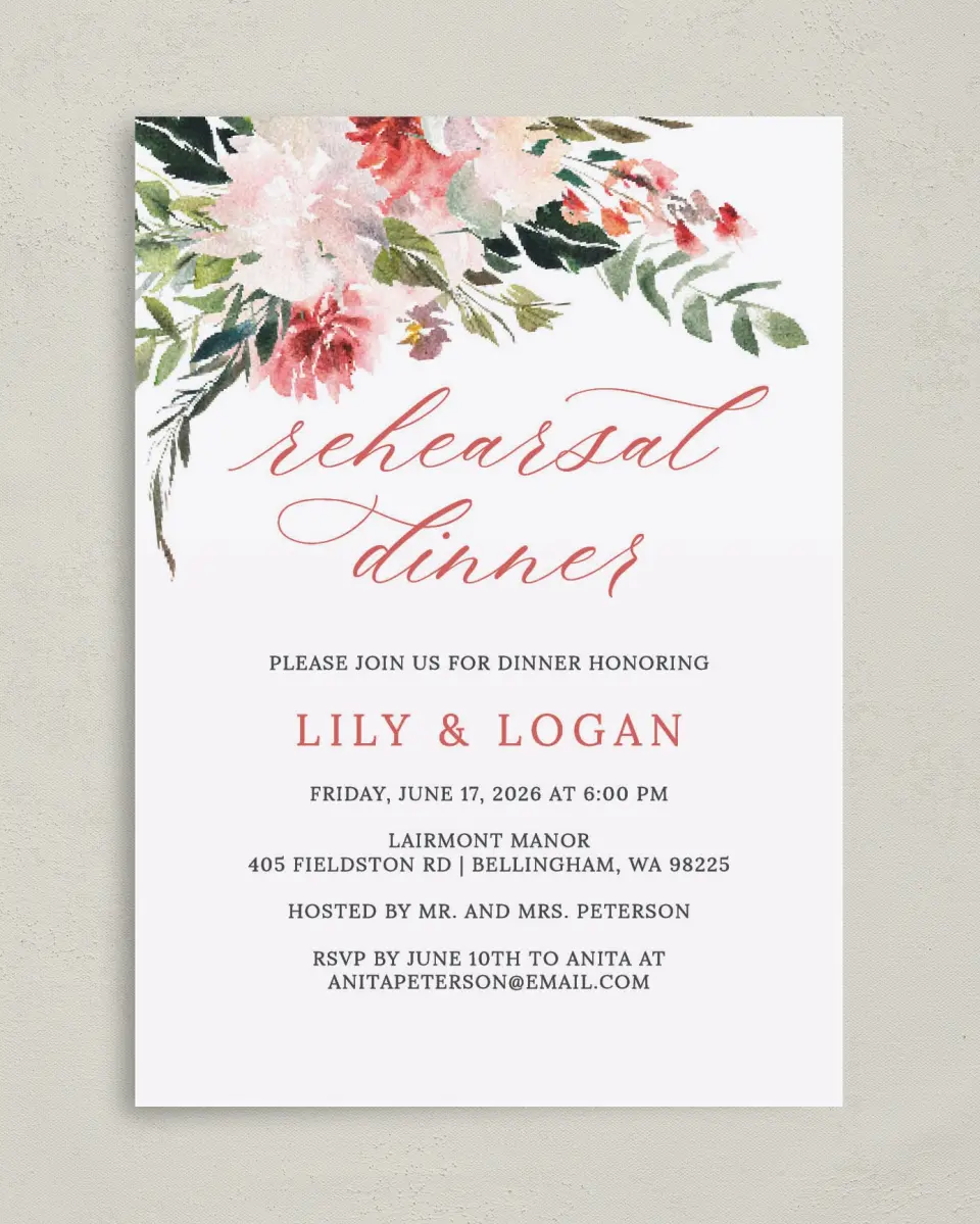 This is a 5" x 7" Rehearsal Dinner Invitation called Blooming Dinner printed in full color on Premium Smooth paper