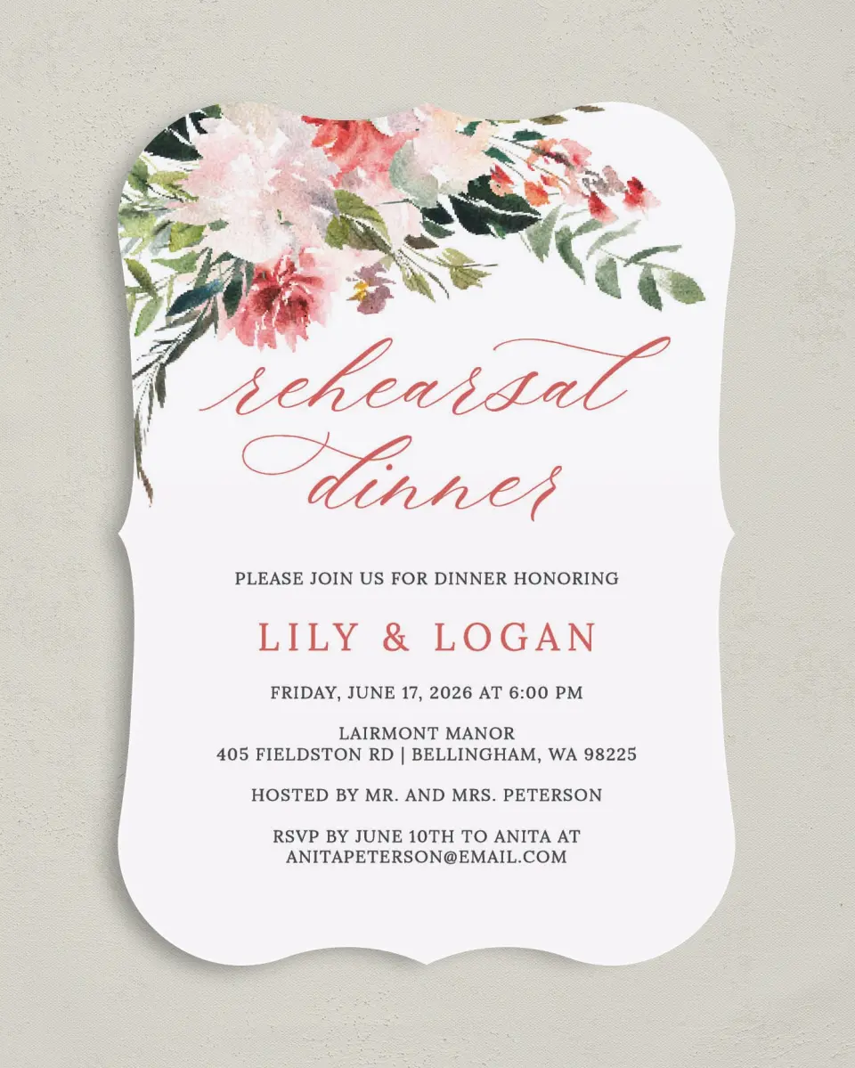 This is a 5" x 7" Rehearsal Dinner Invitation called Blooming Dinner printed in full color on Premium Smooth paper