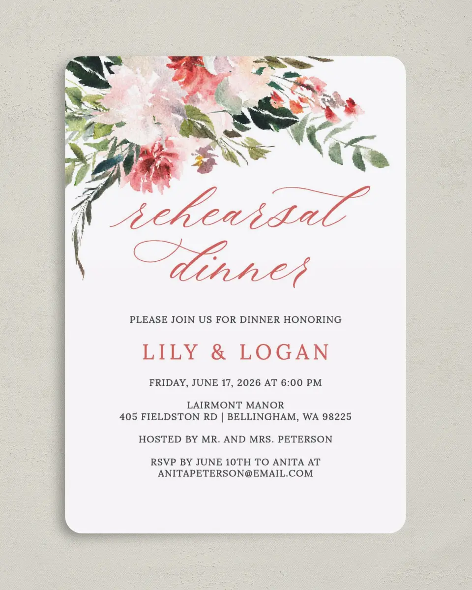 This is a 5" x 7" Rehearsal Dinner Invitation called Blooming Dinner printed in full color on Premium Smooth paper