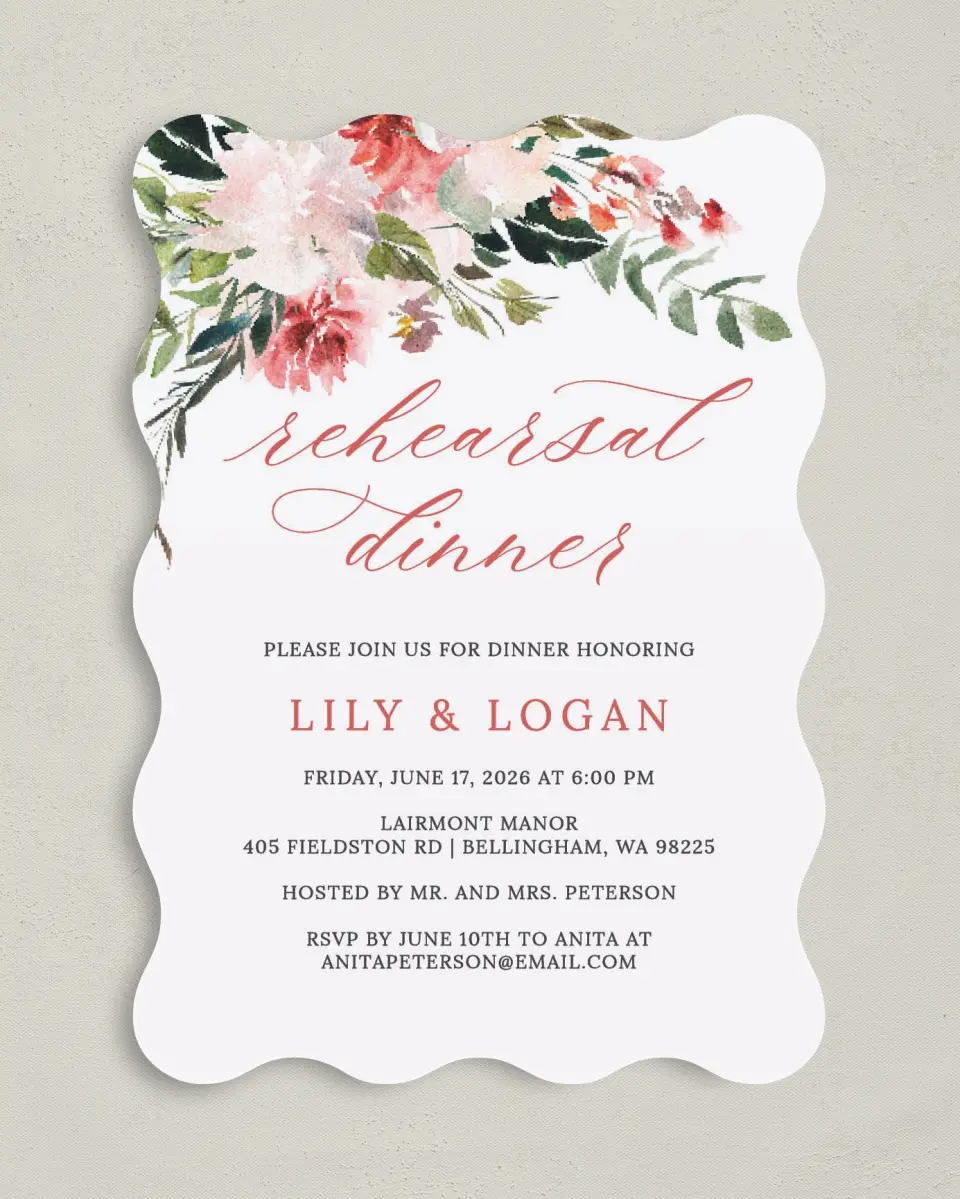 This is a 5" x 7" Rehearsal Dinner Invitation called Blooming Dinner printed in full color on Premium Smooth paper