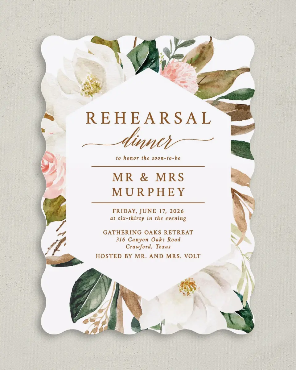 This is a 5" x 7" Rehearsal Dinner Invitation called Lovely Magnolia printed in full color on Premium Smooth paper