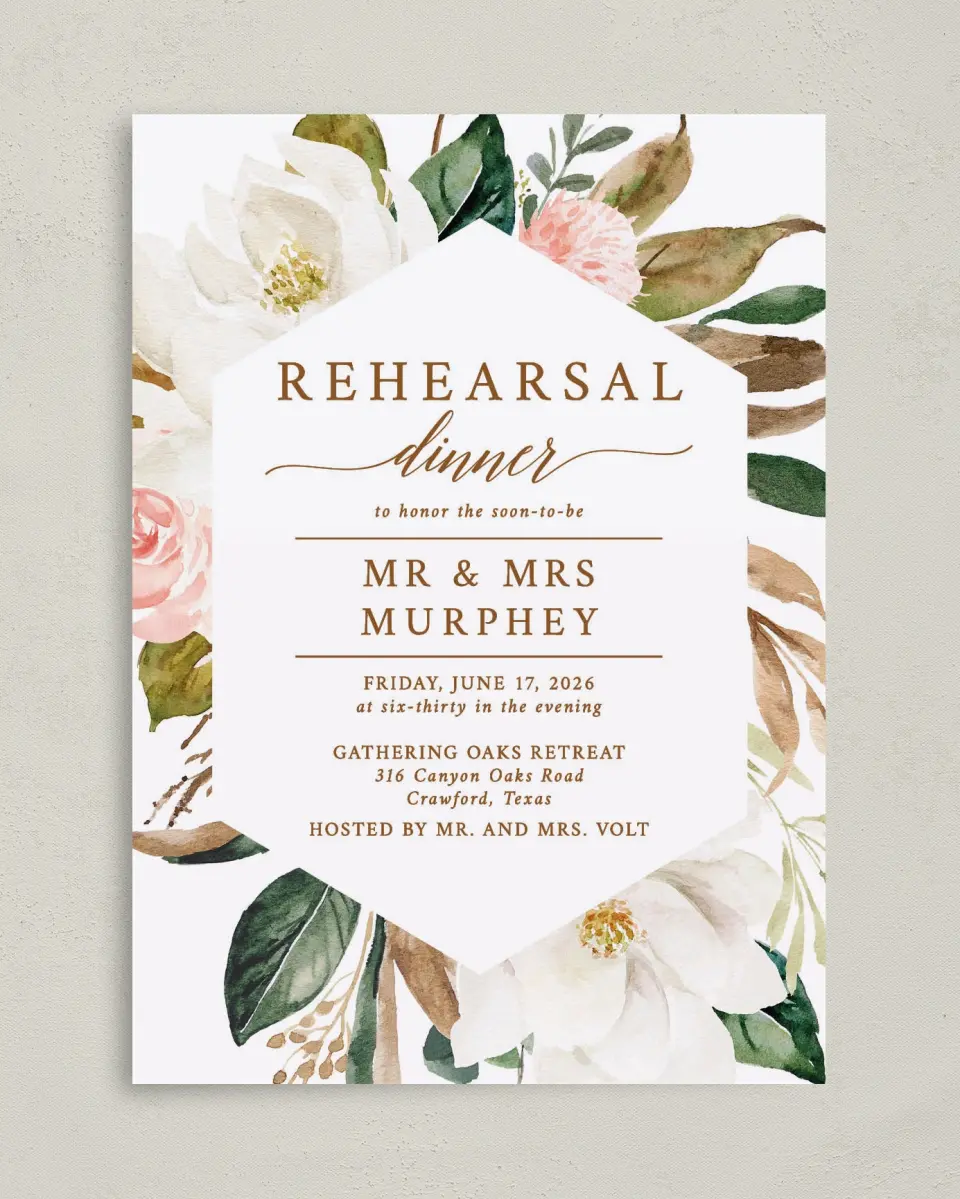 This is a 5" x 7" Rehearsal Dinner Invitation called Lovely Magnolia printed in full color on Premium Smooth paper