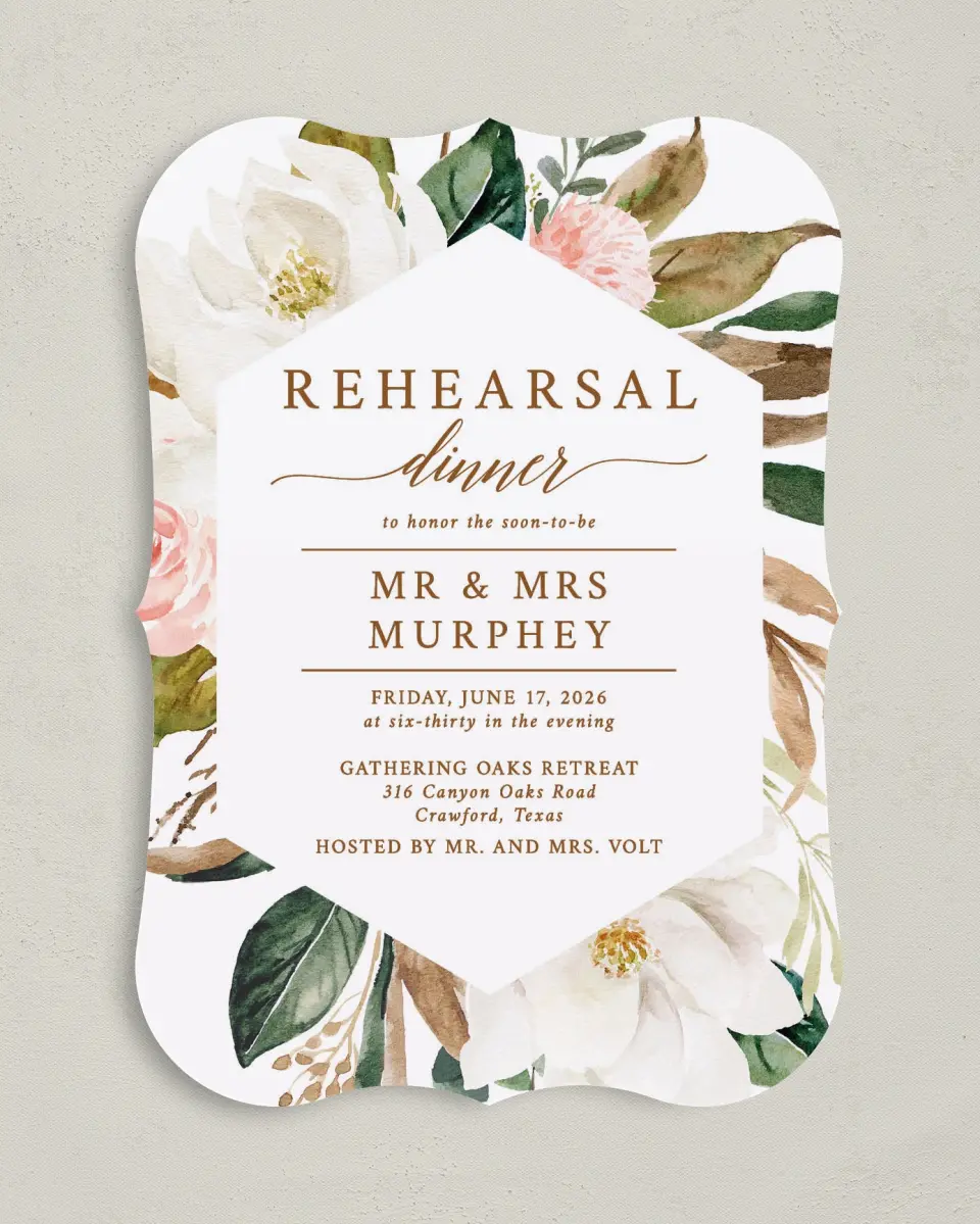 This is a 5" x 7" Rehearsal Dinner Invitation called Lovely Magnolia printed in full color on Premium Smooth paper