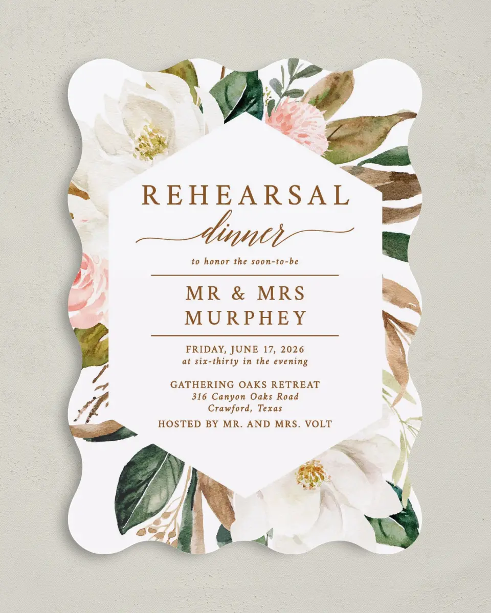 This is a 5" x 7" Rehearsal Dinner Invitation called Lovely Magnolia printed in full color on Premium Smooth paper