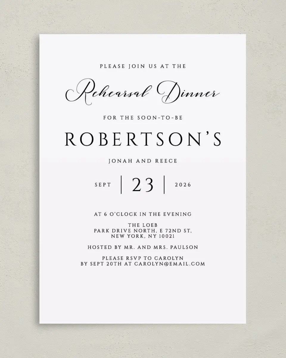 This is a 5" x 7" Rehearsal Dinner Invitation called Timeless Dinner printed in full color on Premium Smooth paper