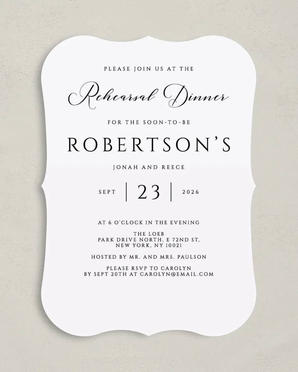 This is a 5" x 7" Rehearsal Dinner Invitation called Timeless Dinner printed in full color on Premium Smooth paper