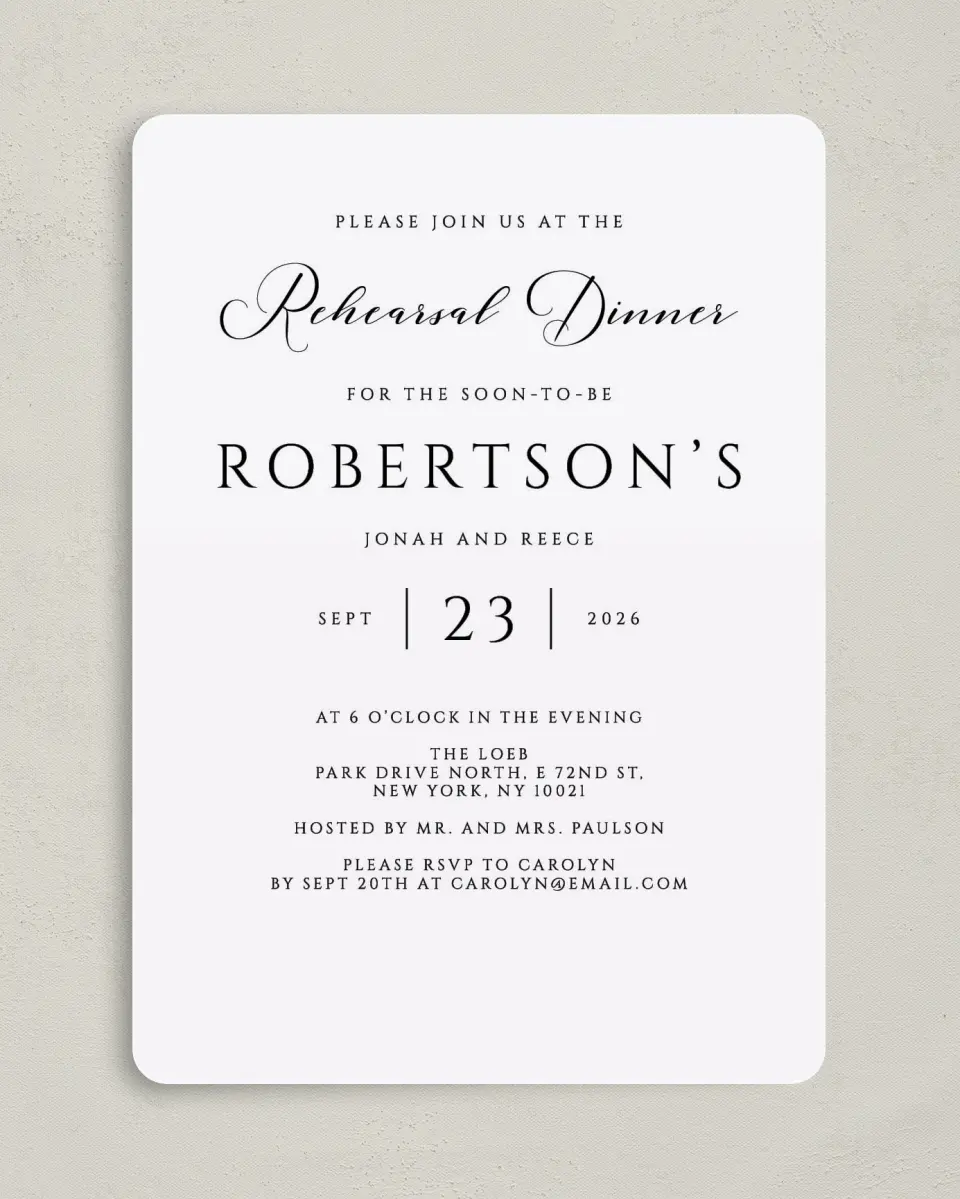 This is a 5" x 7" Rehearsal Dinner Invitation called Timeless Dinner printed in full color on Premium Smooth paper